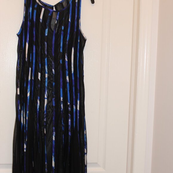 Striped BlueTone sheer overlay Swing style Cocktail Dress black lining size L - Picture 6 of 7
